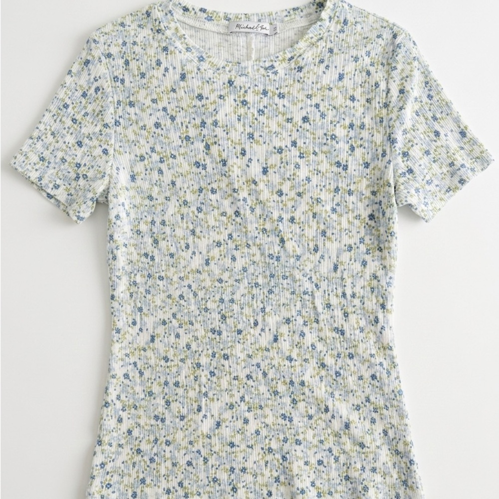 Michael Stars White Ribbed Tee with Blue and Green Floral Print
